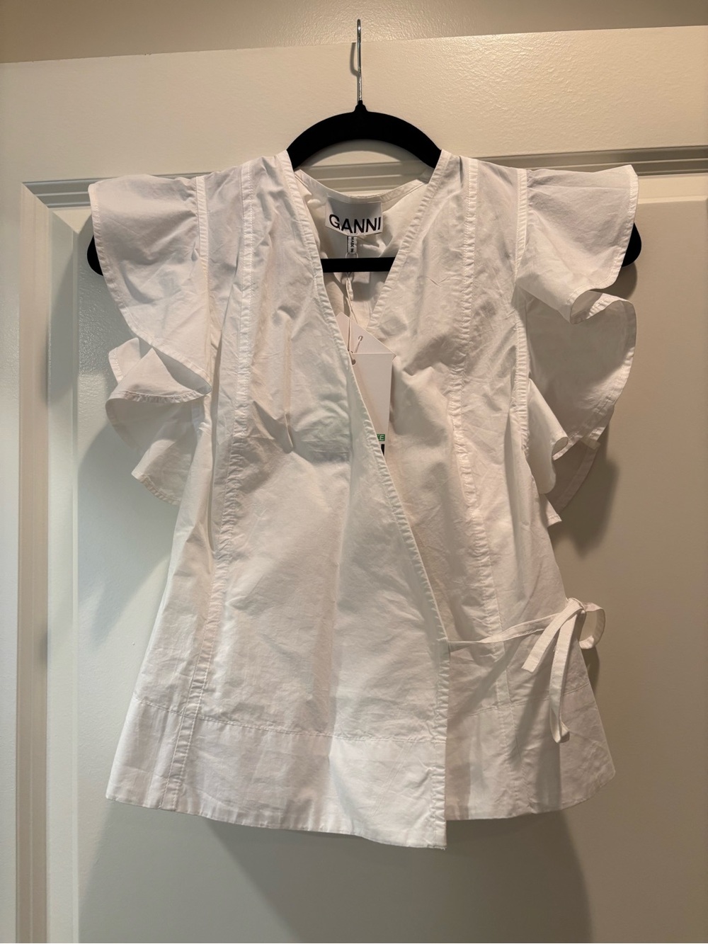 Ganni White Ruffled Sleeve Wrap Top